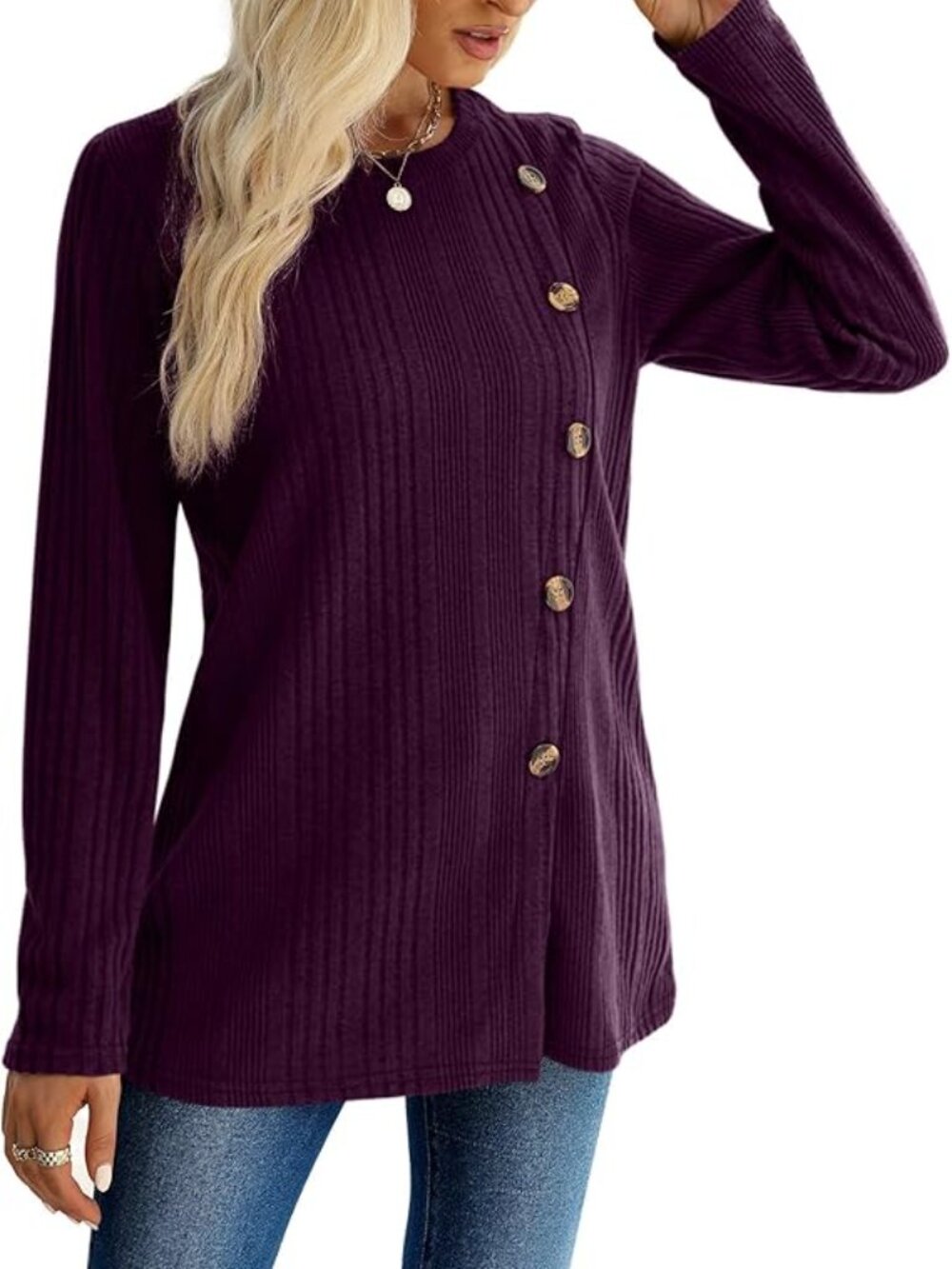 LARGE Long Sleeve Tunic Top Decorative Buttons Front Slit Eggplant Purple